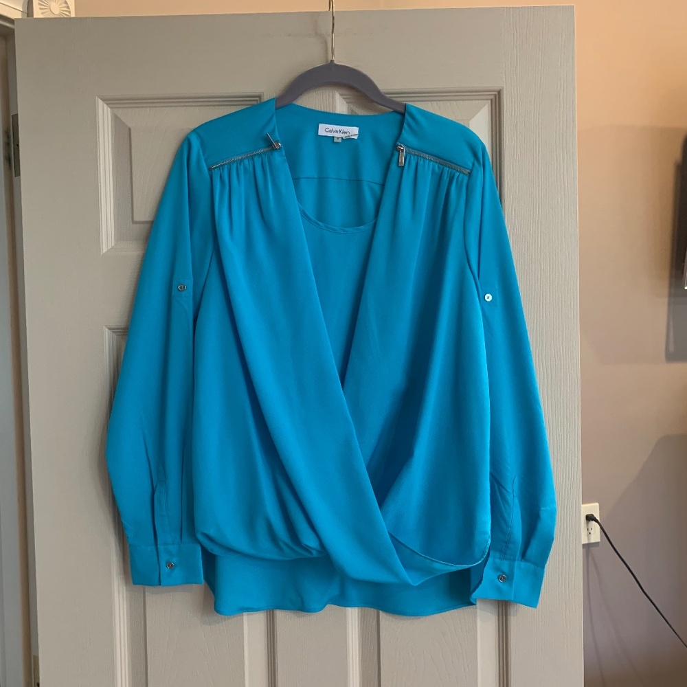 Calvin Klein Turquoise Blue Blouson style Blouse sz S